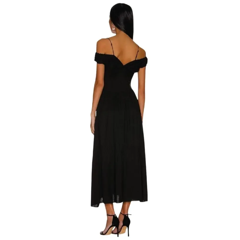VINCE Black Linen Blend Twist Front Off the Shoulder Midi Dress size 4 - Picture 3 of 10